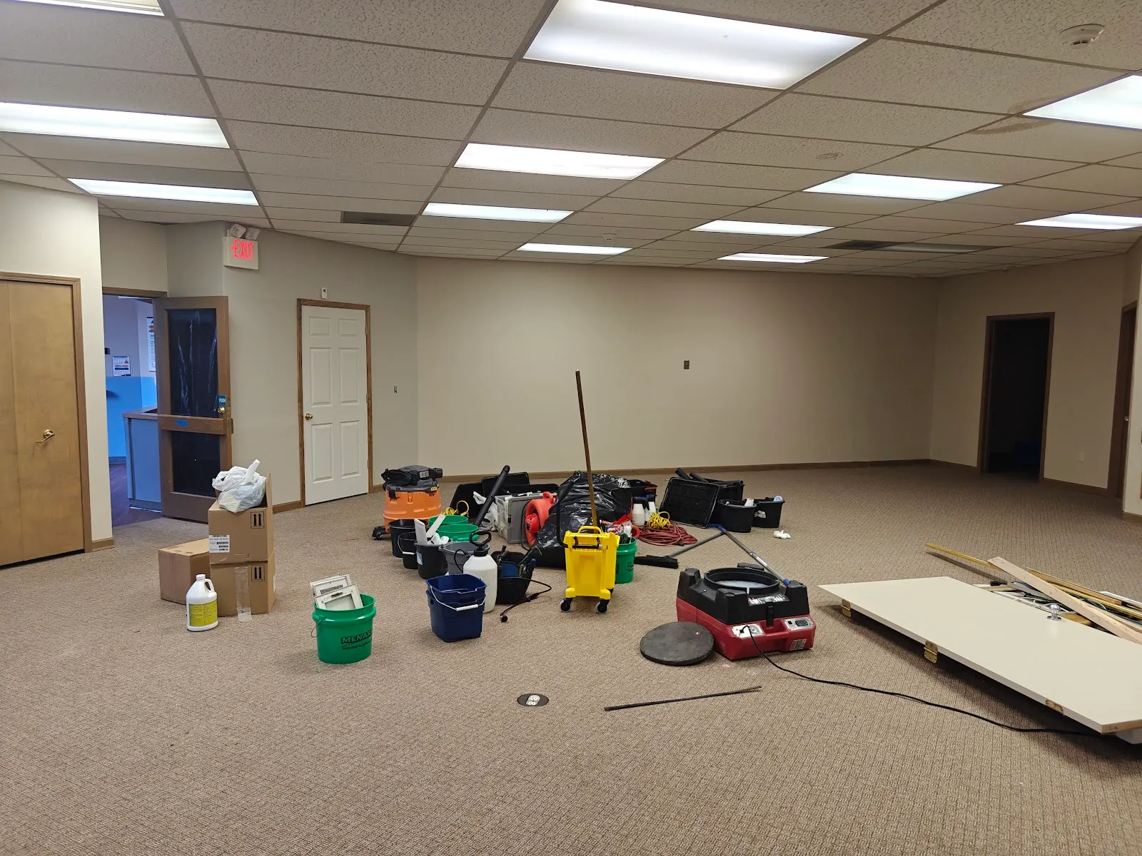 Drying equipment staged during a commercial water damage restoration job in Michigan